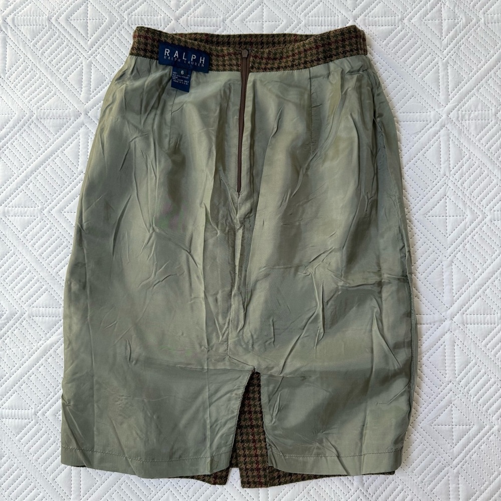 Ralph Lauren Olive Green Plaid Pencil Skirt with Subtle Burgundy Accents - Picture 9 of 10